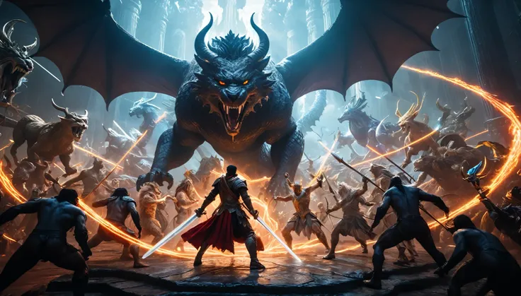 Prompt #2:
An epic battle scene in a different world, the hero at the center wielding a sword that glows with an ethereal light, surrounded by fantastical beasts and allies, mid-action, high tension, Canon EOS R8, wide angle lens entrance to hell