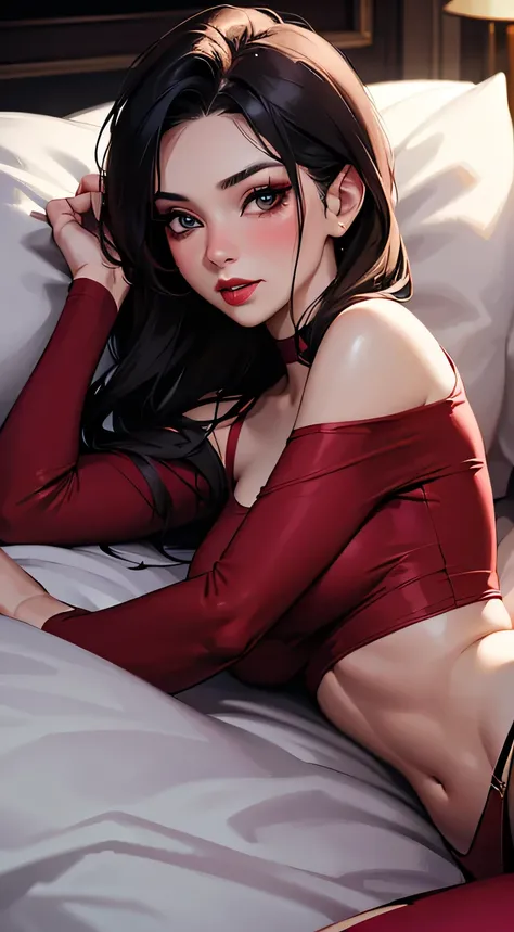 Amazing portrait of a woman who is 30 years old and an adult and a sexy woman whos blushing hard with red makeup and her hands pinned to the side as shes lying on her bed with her head on a pillow facing up as shes pinned to the bed as playful turned sexy ...