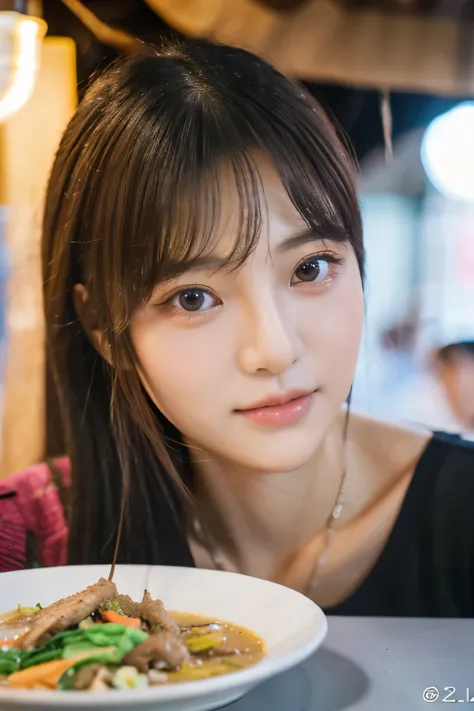 a cute korean girl student, beautiful detailed eyes, beautiful detailed lips, extremely detailed face and eyes, long eyelashes, extremely detailed hand ,soft skin, korean style hair, natural makeup, korean casual clothes, sitting in a korean food stall, va...