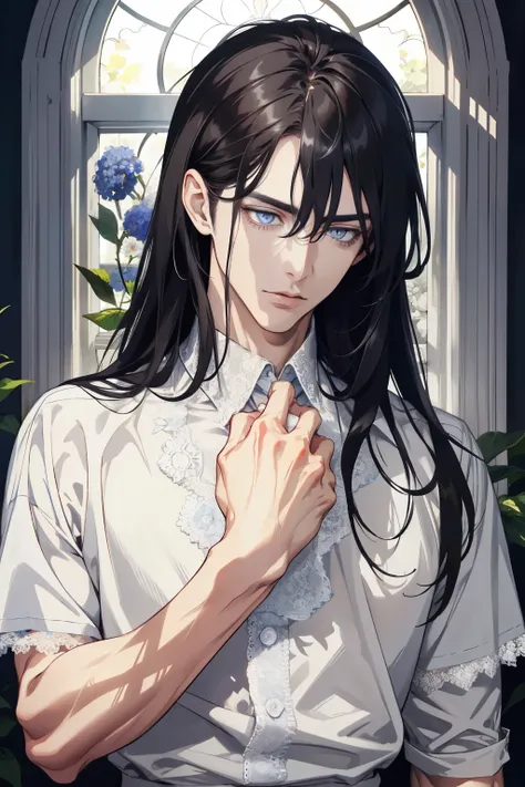 1 man, Realistic, master-piece, bestquality, Beautiful, detailed eyes and detailed faces.,natural light, European retro, White shirt, lace, Long dark blsck hair, blue grey eyes, attractive, depressed, Decorative flowers, sunbeam, 31 years.