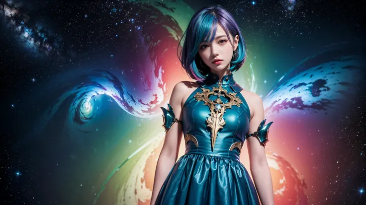 A woman in armor with rainbow hair and a detailed teal dress, Are standing, Rainbow colored space nebula background, performer, Milky Way, Intricate details, Perfect Face