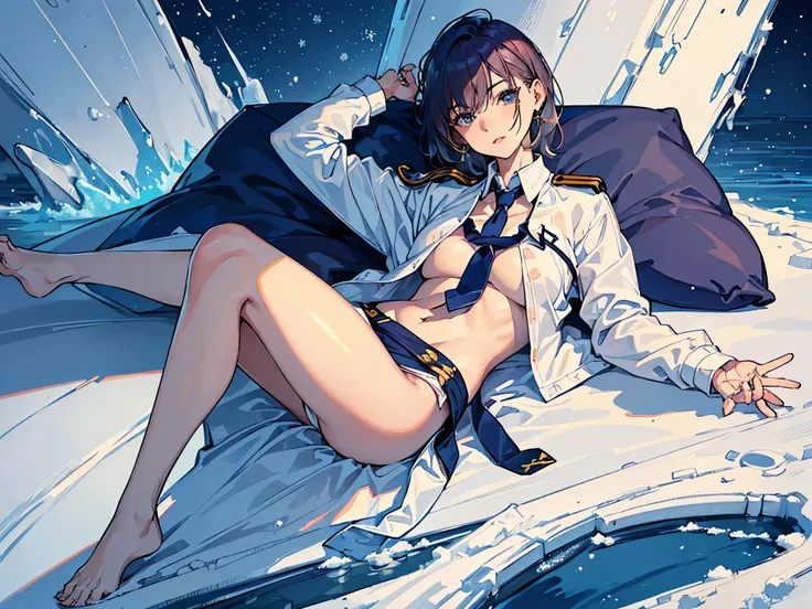 masterpiece, (Perfect Anatomy:1.5), highest quality, 1 lady , slender, leggy, Seductive, (wear a white long sleeved shirt, tie, navy officer winter jacket:1.5), white bikini pantie , barefoot, Perfect hands, Perfect body, reclining, lying on a sofa, leg li...