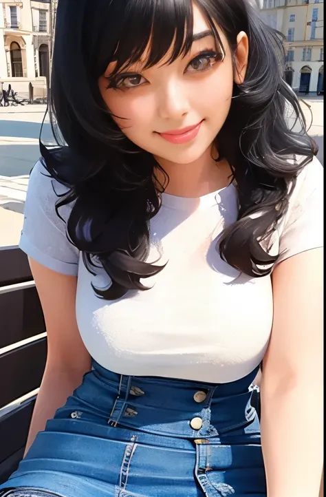 1 girl,(black hair semi-long)(beautiful hair), actress, smile, shiny skin, best quality, masterpiece, (photorealistic:1.4), terrace seating, Europe, France, Paris, denim mini skirt (realistic fabric), white short sleeves (cotton fabric), (no logo), thin fi...