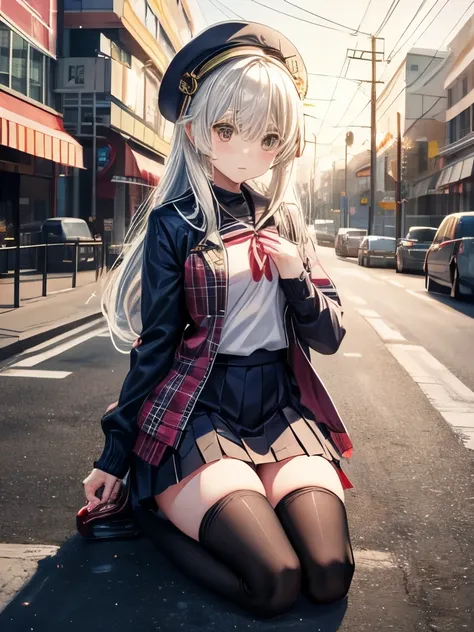 One person,  nakiri it has, Kneel, Knee socks, navy Knee socks, Jacket, Checked skirt, Place your hand on your chest, Outdoor, anime_Screen Cap_it has