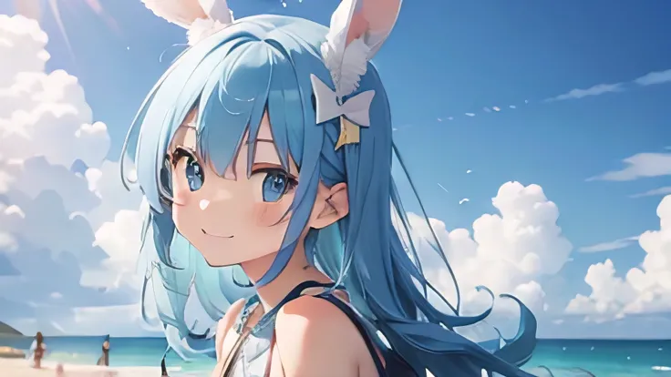 Highest quality, cute, pastel colour, Fluffy white bunny ears, smile,Blue colored hair,Blue colored eyes,wallpaper style,Beach、Sandy Beach、Swimwear