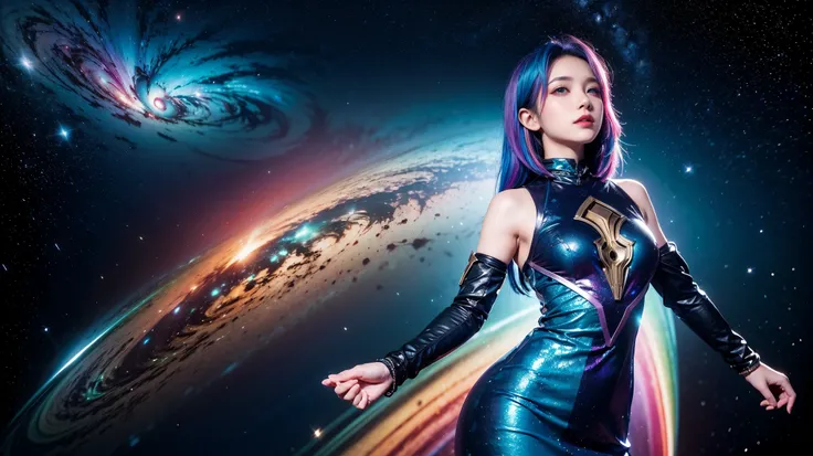 A woman in armor with rainbow hair and a detailed teal dress, Are standing, Rainbow colored space nebula background, performer, Milky Way, Intricate details, Perfect Face