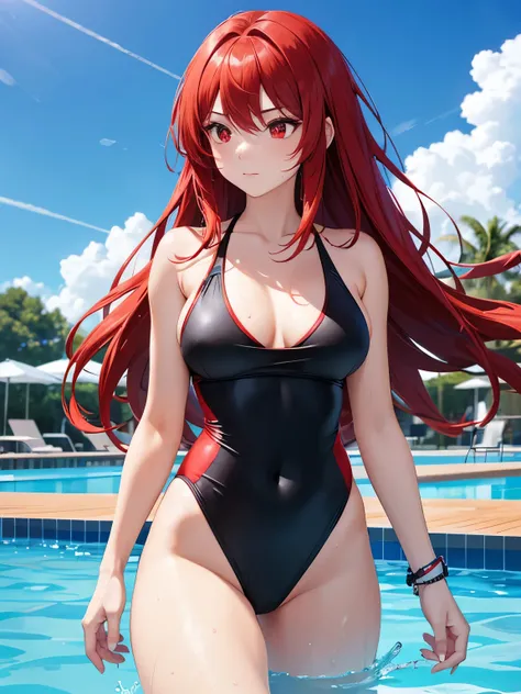 1girl,red hair,long hair,Black swimsuit,Walking in the pool , looking away, red eyes, close up photo,Ultra detail, Ultra HD, masterpiece 