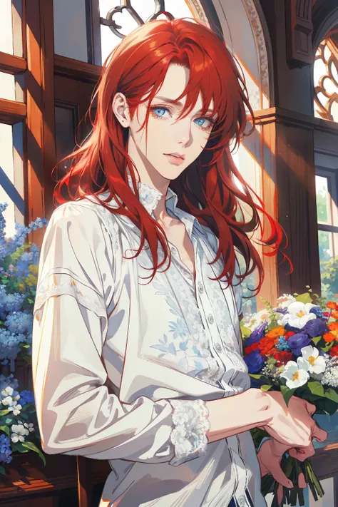 1 man, Realistic, master-piece, bestquality, Beautiful, detailed eyes and detailed faces.,natural light, European retro, White shirt, lace, Long dark grey red hair, blue grey eyes, attractive, depressed, Decorative flowers, sunbeam, 31 years.