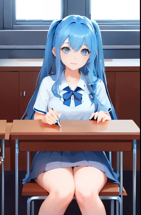 1girl, long light blue hair, dark blue, sit in class, black school modern uniform, anime