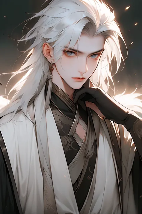 Realistically, Practical, photography, masterpiece, Best quality, Extremely detailed, Moderate, 1 Boy, Solitary, White hair, Chinese clothes, Silver hair,whole body,Panoramic lens