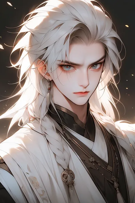 Realistically, Practical, photography, masterpiece, Best quality, Extremely detailed, Moderate, 1 Boy, Solitary, White hair, Chinese clothes, Silver hair,Sitting on the throne,whole body,Panoramic lens