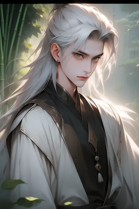 Realistically, Practical, photography, masterpiece, Best quality, Extremely detailed, Moderate, 1 Boy, Solitary, White hair, Chinese clothes, Silver hair,Bamboo forest in the background,whole body,Panoramic lens