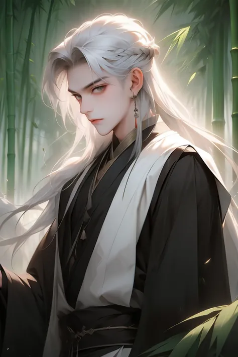 Realistically, Practical, photography, masterpiece, Best quality, Extremely detailed, Moderate, 1 Boy, Solitary, White hair, Chinese clothes, Silver hair,Bamboo forest in the background,whole body,Panoramic lens,Vision,A sword in his hand,Walking on the gr...