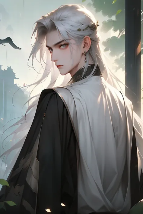 Realistically, Practical, photography, masterpiece, Best quality, Extremely detailed, Moderate, 1 Boy, Solitary, White hair, Chinese clothes, Silver hair,Bamboo forest in the background,whole body,Panoramic lens,Vision,A sword in his hand
