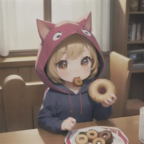 animal focus, food, no humans, eating, cat, hood, big eyes, animal, holding, solo, indoors, doughnut, hood up, holding food