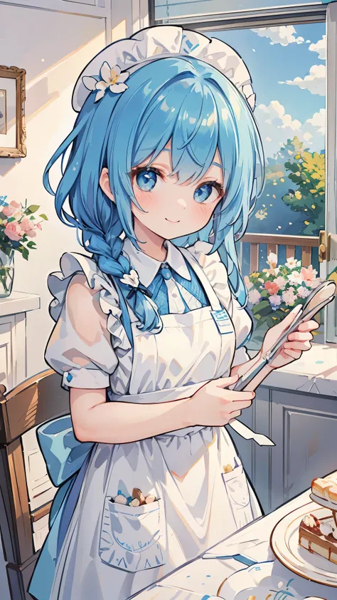 perfect eyes, soft light, high quality, 4k resolution, masterpiece, textured skin, high details, detailed face, detailed eyes, best quality, award winning, super detail, high quality, Pastry chef, confectionery maker, apron, blue hair, braid, hairpin, smil...
