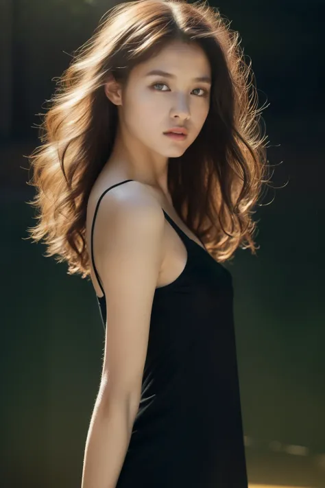beautiful young woman with, Black Camisole Dress, hyper realisitic, , Body of the model, Small breasts, Beautiful breasts, Middle hair, Curly hair, Long legs, 8K, Sunlight, Ambient lighting, (quality: 1.2), (Rembrandt lighting: 1.3), (savanna: 1.2), (tele...