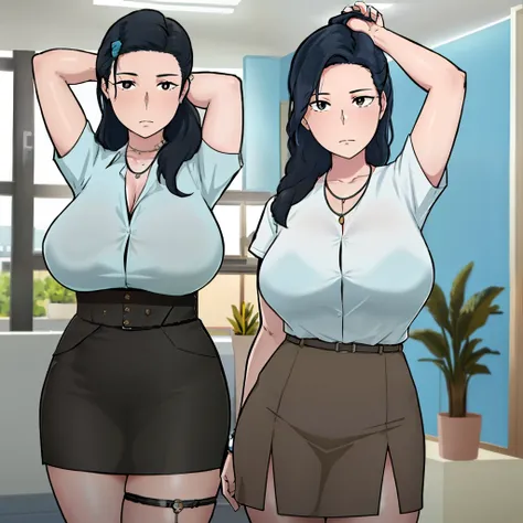 NTRman, masterpiece, best quality, 1girl, alternate costume, arms behind head, arms up, black skirt, blue hair, breasts, brown eyes, buttons, closed mouth, collared shirt, contemporary, cowboy shot, dress shirt, expressionless, hair over shoulder, hairband...