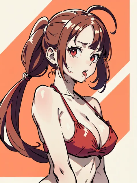 best quality, masterpiece, 1 girl, (tongue out:1.2), (drooling:1.3), (low twintails hair with bangs:1.3), fluorescent red and white colored bikini, (medium breast:1.2), solid red background