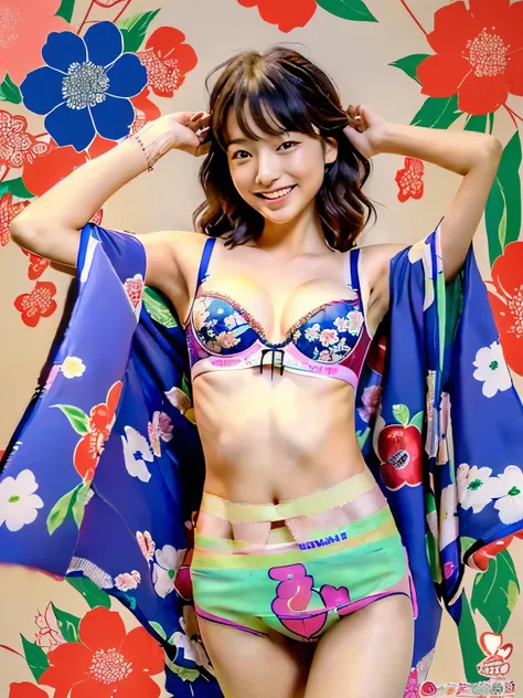 A 20-year-old woman with a cute face like a top Japanese idol、She is a yukata fashion model.、looks young、very friendly、Smiling Kindly、(kimono、yukata)、(((Colorful floral pattern(丈が短いkimono)))、(((kimonoめくり(kimonoの裾を上げる)))、(((Beautiful thighs(Sexy panties are...