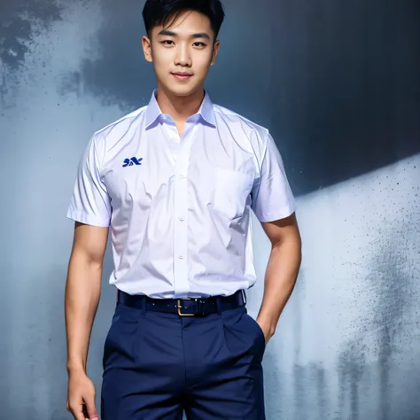 (Create a masterpiece: 1.2),(CGI art:1.3),(realistic:1.5),(After processing:1.3),(Sharp focus:1.3),10,1 man, smile, (Wear a white school shirt.), (Dark blue shorts:1.2),black belt, Korean guy , korean men, (High gloss details), chest muscles, large arm mus...