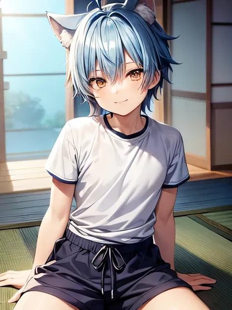 Blue hair,Solo Male,shota, Pure white wolf furry,Blue short sleeve t-shirt,Black bottoms,smiling,Japanese anime