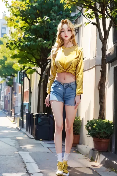 wearing tight yellow shirt, long sleeves