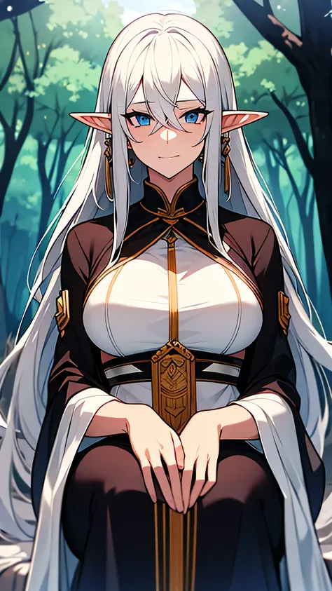 Dark elf women, mature women, old women, beautiful, long hair, white hair, thin clothes, underwear, big breasts, sitting in the forest,elf ears, hands, upper body, 8k, earrings, looks like an old woman, looks like a woman who already has children, hands, s...