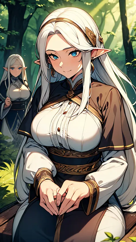 two elf women, mature women, old women, beautiful, long hair, white hair and blonde hair, tied hair, wearing light clothes, big breasts, sitting in the forest,elf ears, hands, upper body, 8k, earrings, looks like an old woman, looks like a woman who alread...