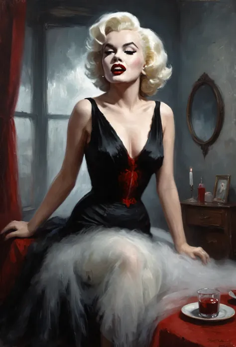 Vampire Marilyn Monroe (pale, deep black hair, blood red lips, fangs, slinky black dress deeply plunging neckline) emerging from a mysterious fog in a 1950s bedroom, she is hungry for viewer