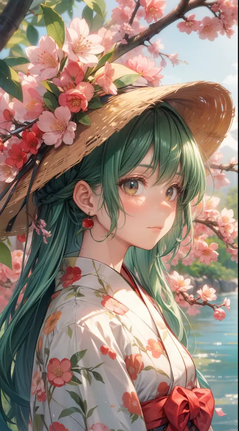 A personified character representing Yamagata Prefecture, Japan. The character has shoulder-length, dark green hair, symbolizing the rich natural environment and famous cherry orchards of Yamagata. The eyes are a soft, warm pink, reminiscent of the regions...