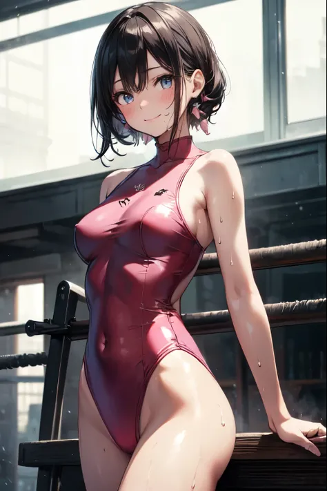 very cute and beautiful girl,(highly detailed beautiful face and eyes),(pink leotard:1.2),sleeveless,wet,sweat BREAK (seductive smile),blush,
standing near training mat in wooden gym,arms behind back,cowboy shot BREAK hair band,black hair,looking at viewer...