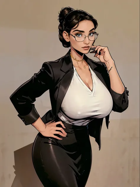 Gorgeous and sultry busty athletic (thin) brunette with sharp facial features and a (large nose) and (huge boobs) wearing a black blazer, white blouse and black pencil skirt, glasses, updo