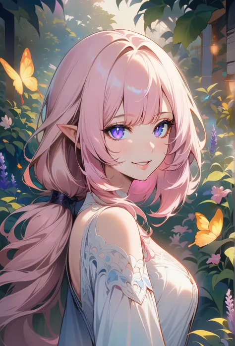 1girl,elysia_(honkai_impact),A slender girl, (best quality, ultra-detailed) exquisite facial features (long eyelashes, detailed eyes, detailed lips), wearing a flowing white dress, standing gracefully in a vibrant garden. The garden is filled with lush gre...