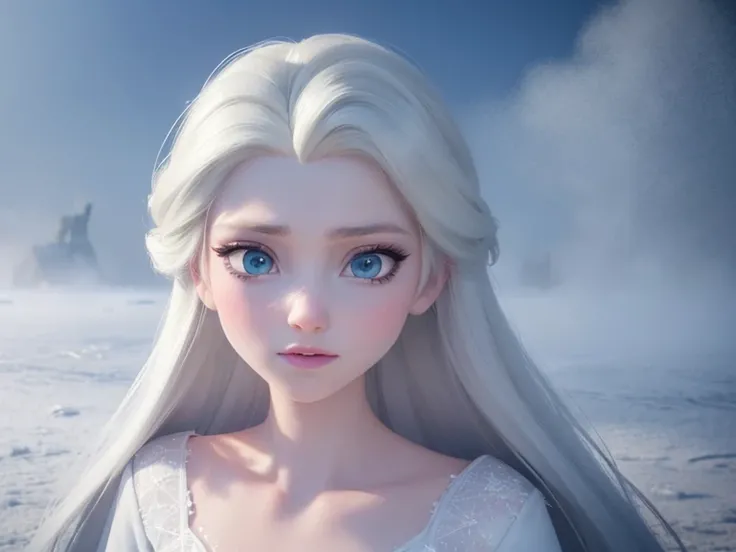 (((Foggy Background:1.3, fantastic mist, Mysterious Fog:1.3))), elsa of arendelle, long hair, white cape, blue ice dress, snow, ice, Crystal Castle, posing like a model, very beautiful face, crystals, dreamy and fantastical atmosphere, Ultimate beauty, Loo...