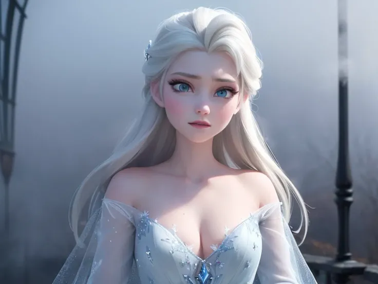 (((Foggy Background:1.3, fantastic mist, Mysterious Fog:1.3))), elsa of arendelle, long hair, white cape, blue ice dress, snow, ice, Crystal Castle, posing like a model, very beautiful face, crystals, dreamy and fantastical atmosphere, Ultimate beauty, Loo...