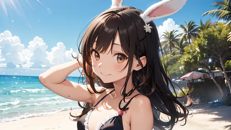 high quality, cute, pastel colour, Fluffy white bunny ears, smile,Brown Hair,Brown eyes,wallpaper style,Beach、Sandy Beach、Swimwear、