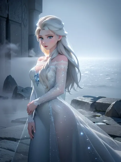 (((Foggy Background:1.3, fantastic mist, Mysterious Fog:1.3))), elsa of arendelle, long hair, white cape, blue ice dress, snow, ice, Crystal Castle, posing like a model, very beautiful face, crystals, dreamy and fantastical atmosphere, Ultimate beauty, Loo...