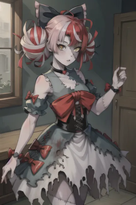 (masterpiece, Best Quality),  intricate details, 8k,
1 girl, zombie, patchwork skin, heterochromia, Red eyes, yellow eyes, Kureiji Ollie, double bun, ripped dress, red bow, hair bow,
 zombie, monster, zombie horde,  