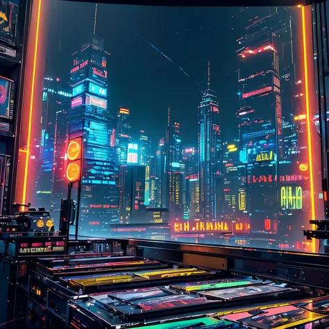 (((Masterpiece, top quality))), (((32K wallpaper))), ultra high resolution,(((unmanned))), (((Record Store))), Nostalgia, Panorama, Long Shot, (((Records on the shelf.))),  (((Different angles))), (((cyber punk))),  (((neon))),(((Front view))),(((night))),...