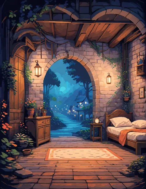 there is a bed in a room with a lot of plants, magical environment, magical realism style, relaxing concept art, anime background art, cozy night fireflies, cosy enchanted scene, relaxing environment, magical atmosphere, cozy place, dreamy and detailed, an...