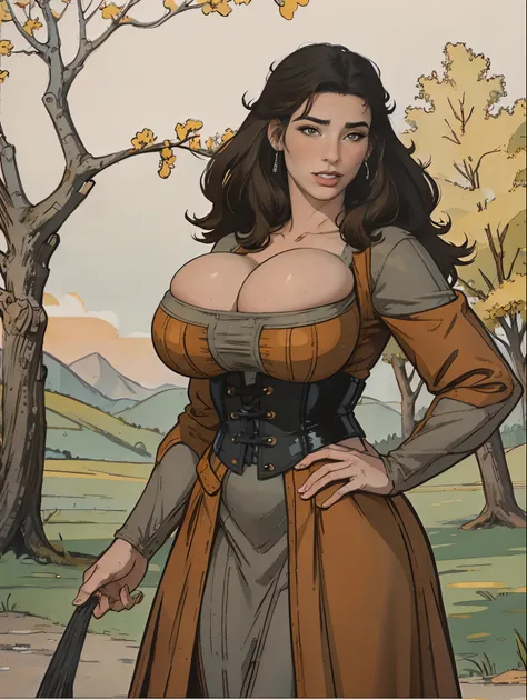 Gorgeous and sultry busty athletic (thin) brunette peasant with sharp facial features wearing a modest updo, medieval hair cover, rough-spun grey and brown medieval dress, long sleeves, wide neck, long dress, tight bodice, corset, Middle Ages, cottage, far...