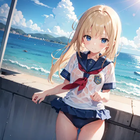 1 girl, middle hair, slskmz short, sailor school uniform, school swimsuit (under wet sailor school uniform), white shirt, hdr, 4k wallpaper