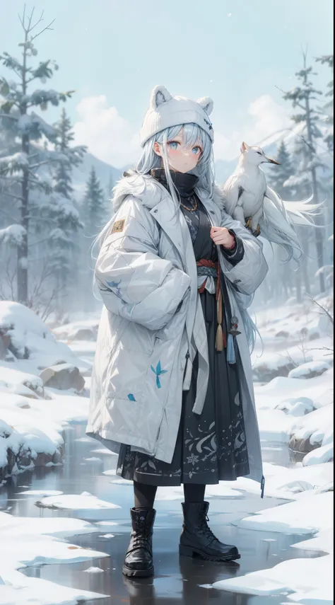 A personified character representing Hokkaido, Japan. The character has long, flowing silver hair that resembles snow and a serene, cold beauty. The eyes are icy blue or clear green, reflecting the pristine nature of Hokkaido. The character is dressed in a...