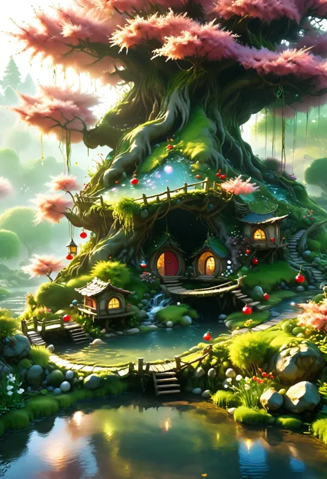 large cherry tree hanging over a meandering pond an river let where the stone egg-like huts and homes of the little people are, fairies, gnomes, whips and elven, backlight morning light, all made from crystals, gems and sparkles, fantasy art style, 8k reso...