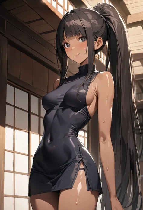 ((masterpiece,best quality anime,Highest quality:1.3)),realistic,cowboy shot,(25 year old beauty),Female Ninja,1woman,独奏,((very small head:1.4)),((very long body:1.3)),black hair,bangs,long ponytail hair,gorgeous big eyes,black eyes,smile,(tan skin),(Femal...