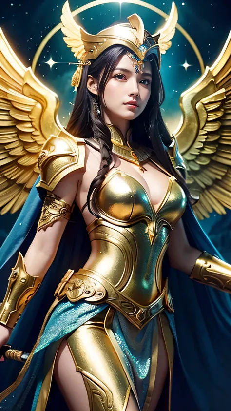 "Depict Athena, the Greek goddess of wisdom and warfare, reimagined as an ultimate fantasy figure while retaining her iconic features. Athena stands in ethereal armor, intricately engraved with glowing symbols and mythical creatures. Her helmet, now adorne...