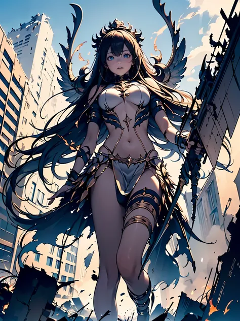 destroyed city, (100 meter tall huge goddess floating, emits light from all over the body, lost pupils, last judgment, blue flame), weapon, aerial angle from below,