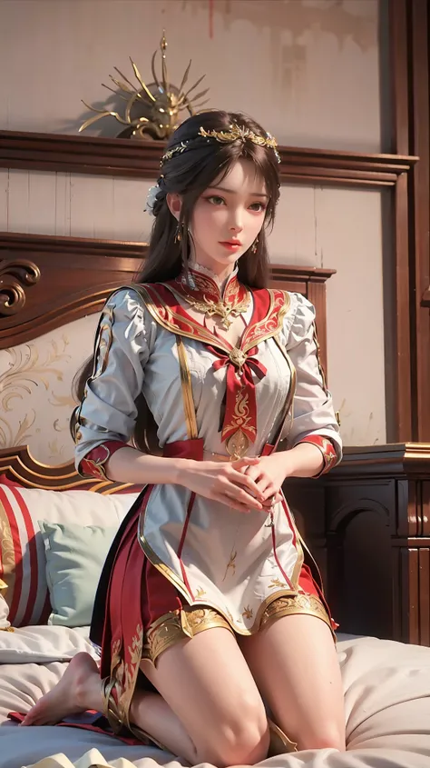 best quality,masterpiece,The Ultimate Solution,Fluffy,Extremely colorful,Mature beautiful woman,(Dress school uniform),Lace skirt,(Beautiful woman beheaded),Normal posture,(Kneeling),Kneeling on the bed,shackles,Beheading,collar,barefoot,Normal posture