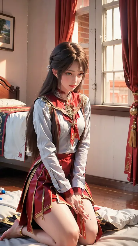 best quality,masterpiece,The Ultimate Solution,Fluffy,Extremely colorful,Mature beautiful woman,(Dress school uniform),Lace skirt,(Beautiful woman beheaded),Normal posture,(Kneeling),Kneeling on the bed,shackles,Beheading,collar,barefoot,Normal posture